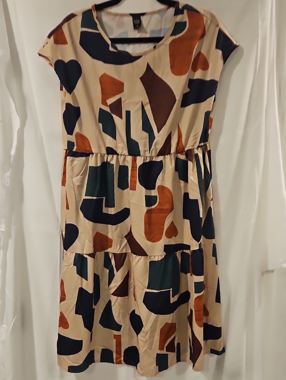 Abstract-Shape Beige Midi Dress with Navy & Rust Accents